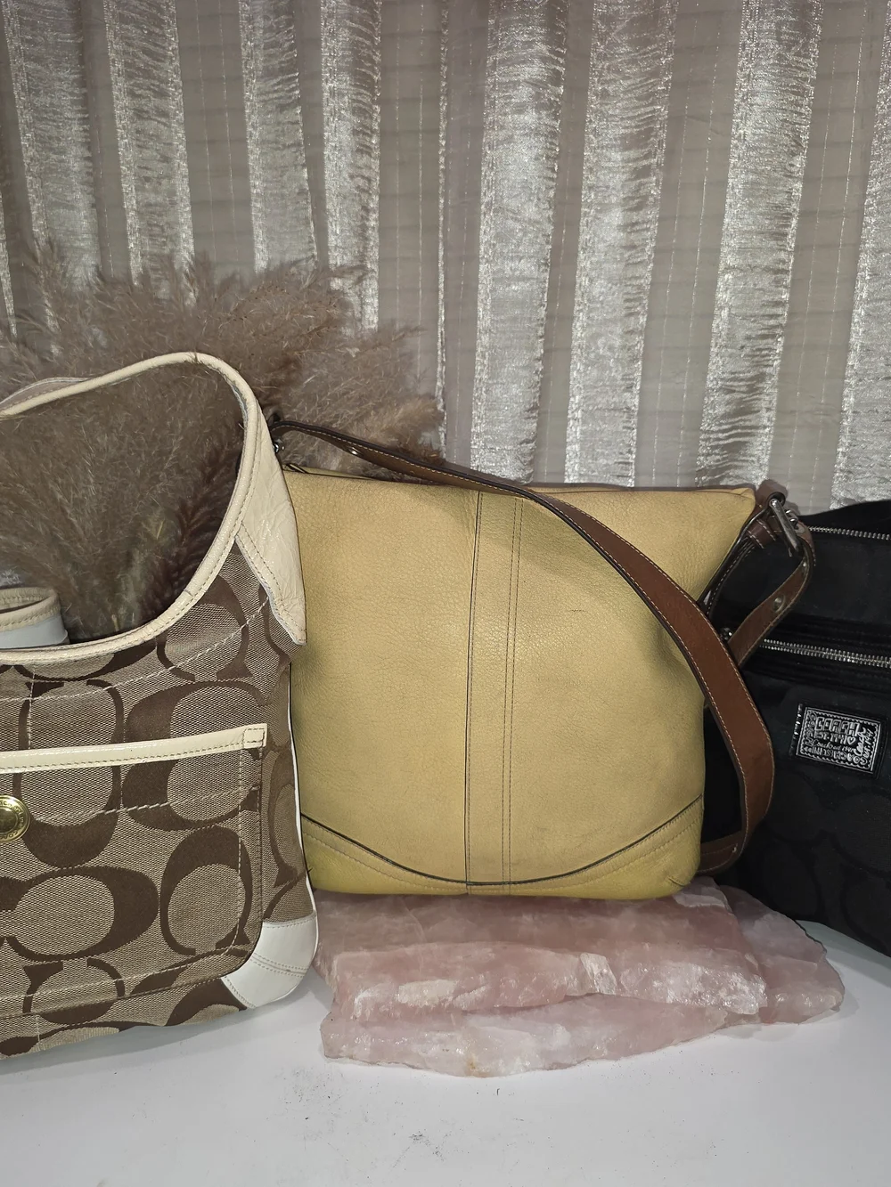 Coach Signature Canvas Satchel in Brown with Yellow Trim 4 PC BUNDLE
